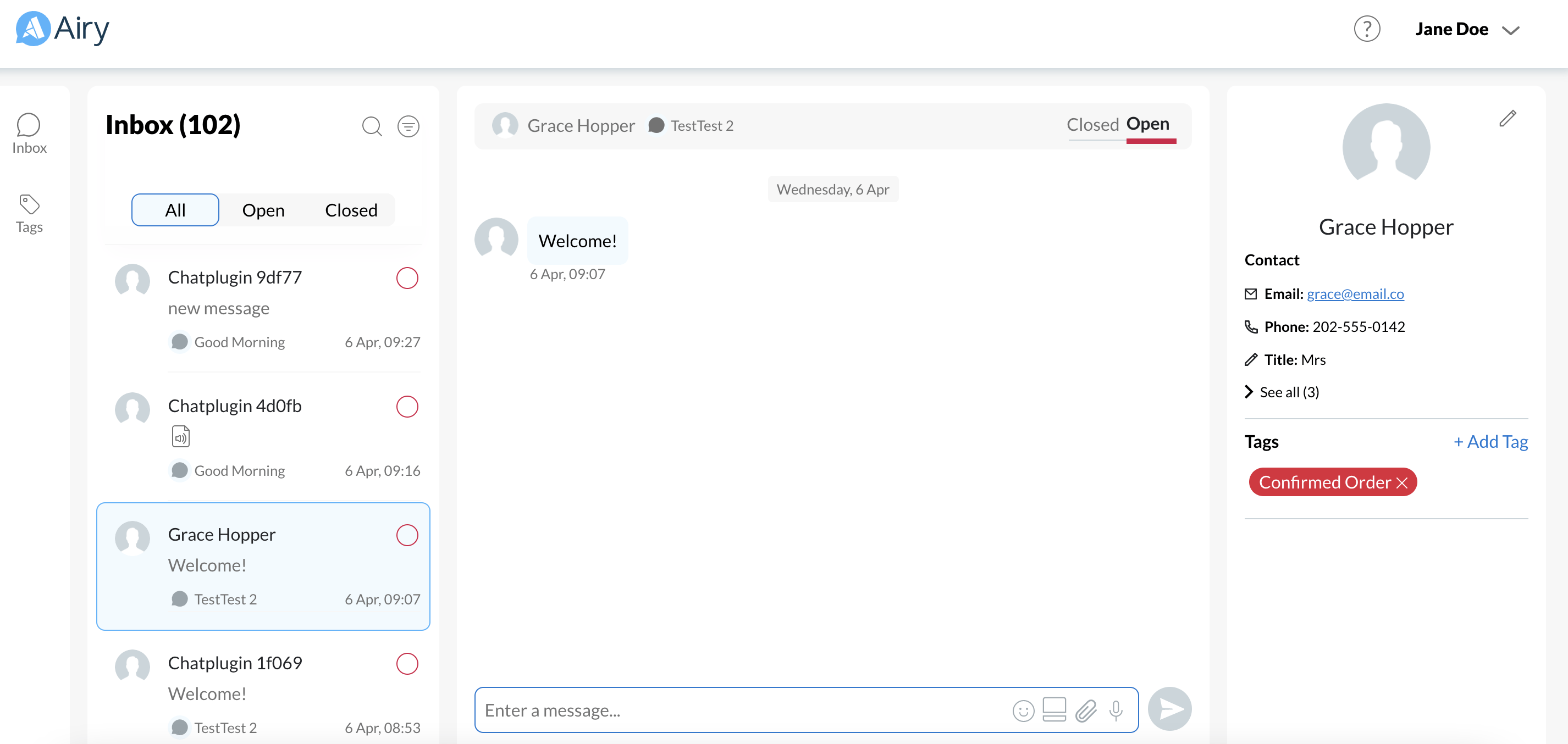 Inbox with contact info